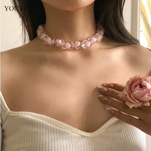 YOUVI Kpop Pink Acrylic Heart Beaded Chains Womens Choker Necklace Fashion Gothic Accessories Grunge Korea Jewelry on the Neck