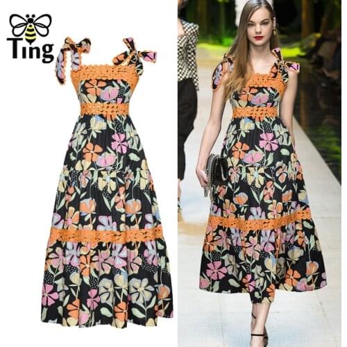 Tingfly Designer Runway Fashion Strap Tie Up Floral Print Summer Sleeveless Party Evening Dresses Long A Line Slim Waist Robes