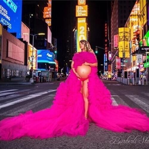Hot Pink Lush Birdal Dress Tulle Robes Women Maternity Tulle Gowns For Photo Shoot Dress With Long Train Custom Made Party Gowns