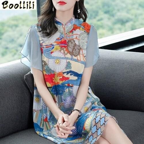 Boollili Real Silk Dress Summer Dress Women Korean Casual Print Midi Dress Elegant Vintage Party Dresses Vestidos Mujer