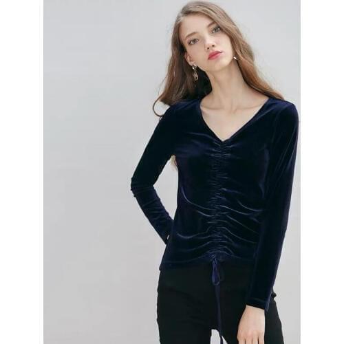 Winter Women Vintage Elegant T-Shirt Autumn Solid V-Neck Drawstring Slim Fit Long Sleeve Velvet T-Shirt Plus Size Vestidos M-8XL