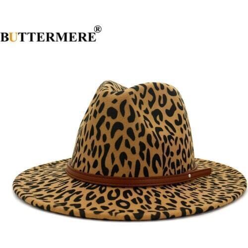 BUTTERMERE Leopard Wool Jazz Fedora Hats Casual Women Leather Belt Felt Hat Ladies Panama Trilby Female Party Cap Sombrero