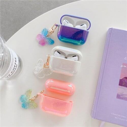 3D Gradient butterfly keychain Water Drop Rainbow Hard Headphone Earphone case for apple airpods 1 2 pro Wireless Headset cover
