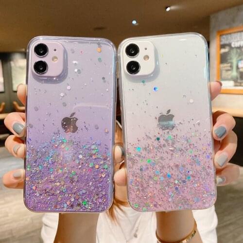 Glitter Sequins Phone Case For iPhone 12 11 Pro Max XS Max XR X 7 8 Plus 12 Mini SE 2 Cute Gradient Rainbow Clear Soft TPU Case