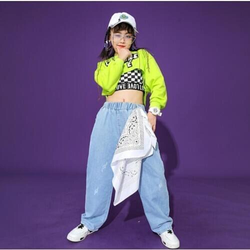 Kids performance Hip Hop Dancing Clothing Crop Tops Sweatshirt Jeans Pants Girls Drum Concert Dance Costume Clothes Street Wear