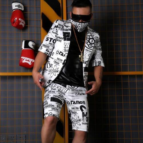 Custom Made Suits Sets Men Fashion Graffiti Casual Hip Hop Blazers Medium sleeve suit Jacket Male Party Stage Singer DJ Costume
