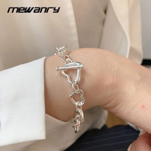 MEWANRY 925 Sterling Silver Bracelets for Women Trendy Elegant Charming Hollow LOVE Heart Chain OT Buckle Design Party Jewelry