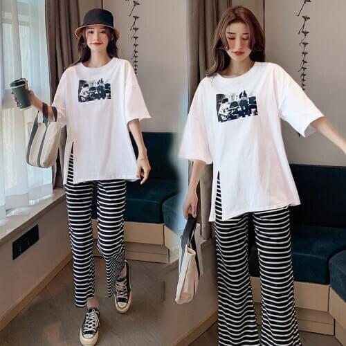 Fashion Maternity Set Clothes Pregnancy Summer Sets Cotton T Shirt and Loose Pants Casual Two-piece Set Pregnant Suit Plus Size