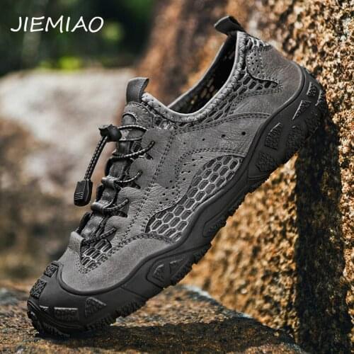 JIEMIAO New High Quality Cow Leather Hiking Shoes Man Trekking Fishing Shoes Mesh Breathable Men Sneaker Outdoor Camping Shoes