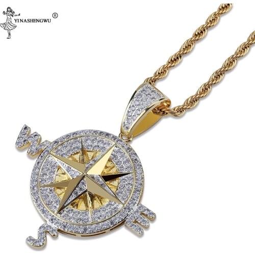 Mens Iced Out Cubic Zircon Compass Necklace & Pendant With 3/4/5mm Rope Chain Hip Hop Gold Silver Color Jewelry Gifts Pingente