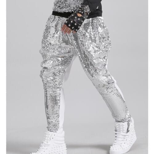 Mens pants stage personality Sequin harem pant men feet trousers singer dance rock fashion street star style novelty silver
