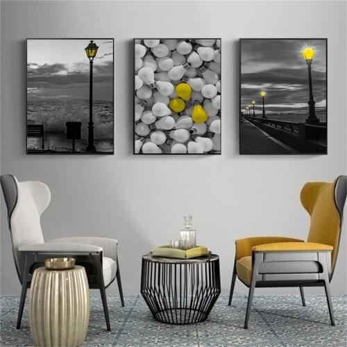 Modern Style Wall Art Black White European Street Light Yellow Canvas Poster Wall Art for Living Room Wall Painting Home Picture