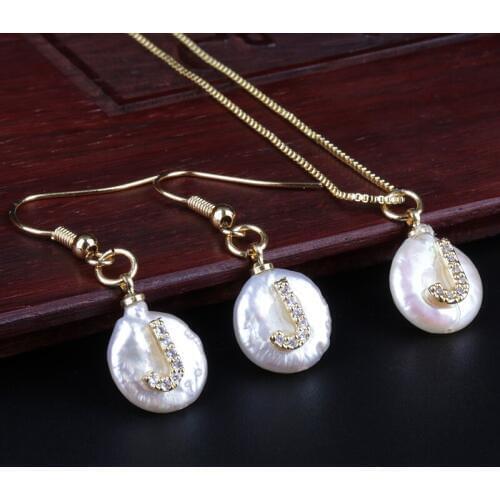 New Arrival Gold Micro Pave CZ Cubic Zirconia H-Z Letter Name Freshwater Pearl Pendant Gold Necklace Earring Women Jewelry Set