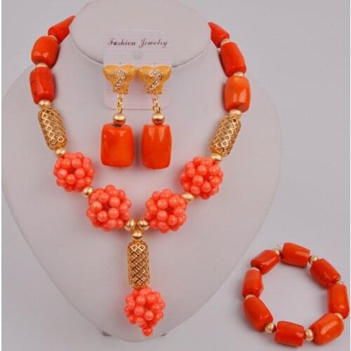 Latest Orange and Pink Coral Jewelry Set Nigerian Wedding Coral Beads Costume African Necklace Set 12-R-01