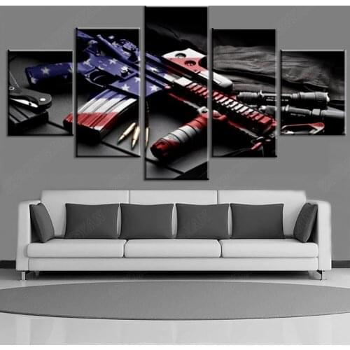 5 Piece HD Print Large Gun And American Flag Poster Cuadros Paintings on Canvas Wall Art for Home Decorations Wall Decor
