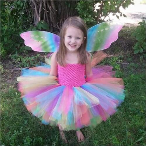 Girls Rainbow Tutu Dress Kids Crochet 2Layers Tulle Dress Ballet Tutus with Butterfly Wing Children Party Costume Dress