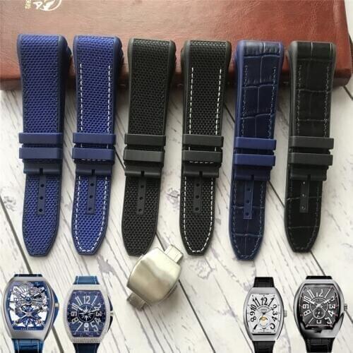 28mm High Quality Nylon Cowhide Silicone Watch Strap Black Blue Folding Buckle Watchband Suitable for Franck Muller Series Watch