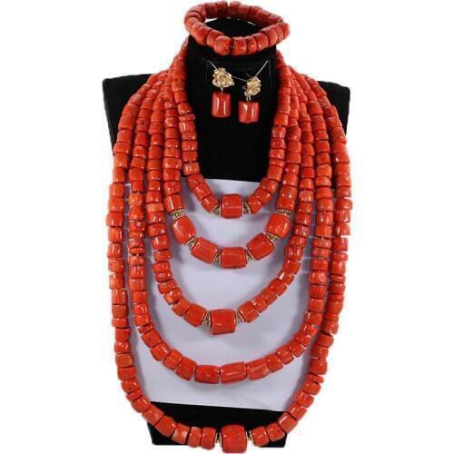 Luxury 5 Layers Real Coral African Beads Jewelry Sets Original Coral Nigerian Indian Bridal Necklace Set Gift for Women CNR899