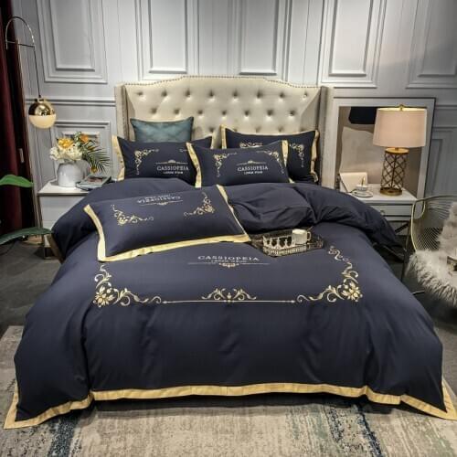 2020 Luxury Microfiber fabric wide edge Bedding Set gold Embroidery Duvet Cover Bed Sheet Pillowcases Queen Size 4Pcs
