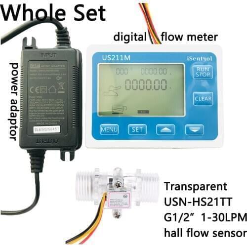 US211M Digital Flow Meter G1/2" Totalizer Flow Measurement with Nylon Water Flow Sensor USN-HS21TT Turbine Flowmeter iSentro