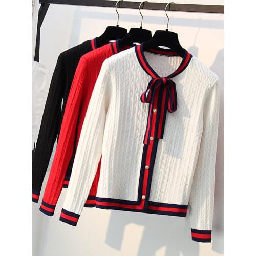 Xisteps Women Thick Knitted Cardigan Sweater Elegant Bow Tie Pearl Button O neck female Autumn Winter Coat Ladies Stripe Jacket