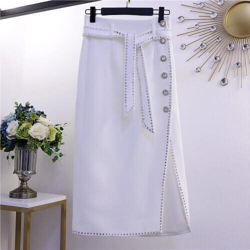 Super Stylish Rhinestones Decorated Side Slit Medium Long Skirt Diamonds Beaded Skirt