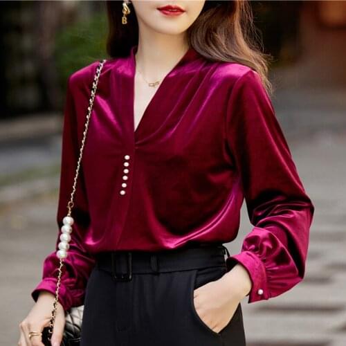 Long Sleeve Blouses Shirts Elegant Wine High Quality Fabric V-neck Formal OL Styles Autumn Winter Women Blouse Tops Clothes