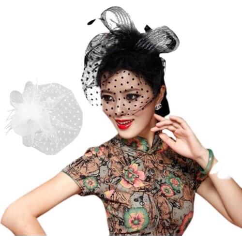 Womens Retro Wave Point Mesh Veil Hat Fluffy Feather Solid Color Alligator Hair Clip Half Face Cover Bowknot Fascinator