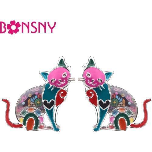 Bonsny Enamel Alloy Smile Elegant Kitten Cat Earrings Stud French Clip Fashion Animal Jewelry For Girls Women Ladies Accessories