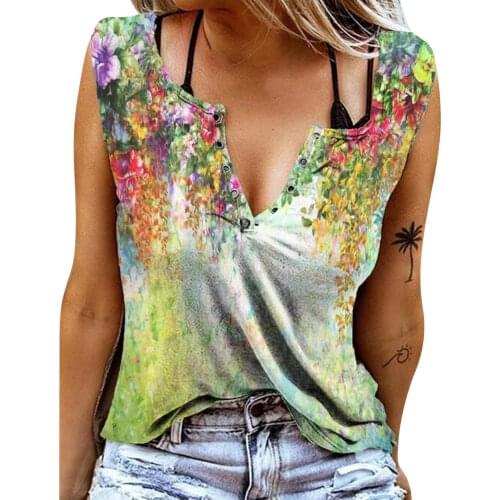 Ladies Tops Women Floral Print T Shirt Loose V-neck Sleeveless Casual Tee Top Summer New Creativity Streetwear 2021 #T2P