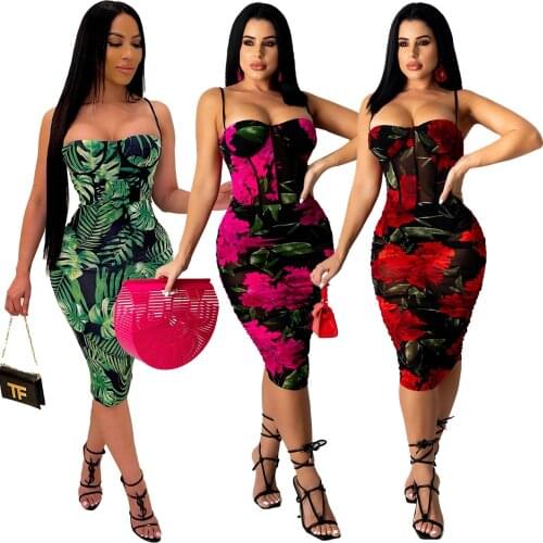 Cutubly Spaghetti Strap Dress Floral Printing Dress Summer Skinny Fashion High Waist Midi Dresses For Women Party Night Sexy