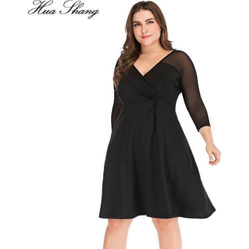 Womens Plus Size Aline Dress V Neck Long Sleeve High Waist Black Midi Dress Elegant Mesh Transparent Sexy Party Dresses