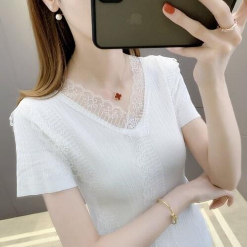 20048 hall 10 row 2 lower] real V-neck solid color Pullover lace splicing ice silk short sleeve 27