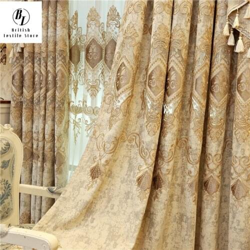 European and American luxury high quality elegant beige chenille embroidered blackout curtains for living room windows bedroom