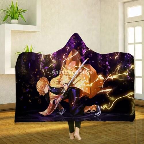 Anime Demon Slayer 3D Print Cartoon Throw Hodded Fleece Blanket For Beds Bedspread Home Textiles Luxury Adult Gift Warm Soft