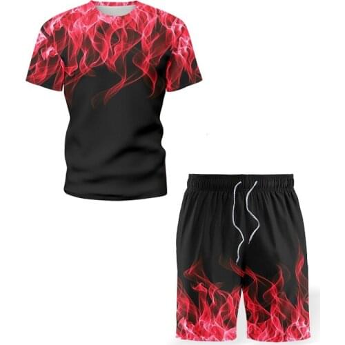 2021 New Suit Male Flame Fashion Suit Summer Sportswear 3D Round Neck Youth Casual 2-Piece Short-Sleeved T-Shirt + Shorts