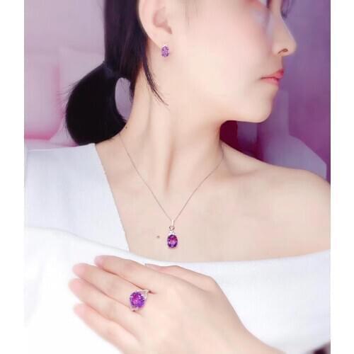 The Best engagement Gift Amethyst jewelry set Natural Real Amethyst 925 sterling silver 1pc pendant,1pc ring,2pcs Earring