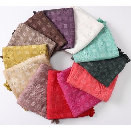 Fashion Women Pure Color Scarf Cotton Linen Beaded Pearl Headband Embroidered Tassel Hanging Tassel Muslim COLOR 12