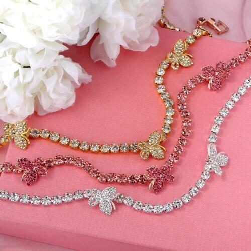 Flatfoosie Bling Rhinestone Butterfly Choker Necklace For Women Iced Out Crystal Tennis Chain Necklace Wedding Jewelry Gift