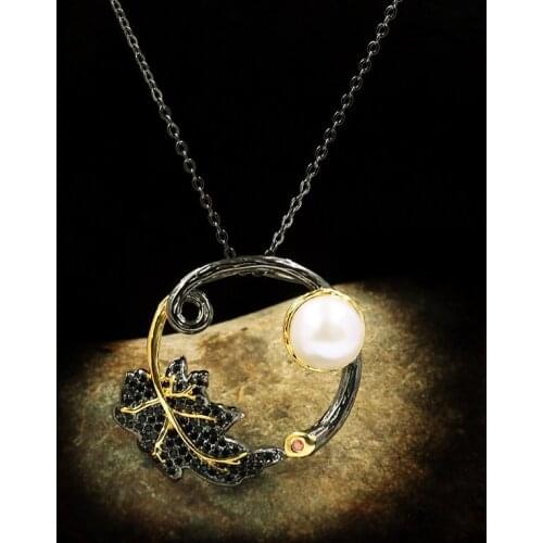 CIZEVA Simple Personalized 925 Sterling Silver Pendant Necklace for Women Freshwater Pearl Leaf Black Gold Sweater Chains