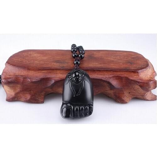 Pendiente de piedra tallado obsidiana negra Natural estatua araneida en pie de Buda de la suerte collar con colgante de amuleto