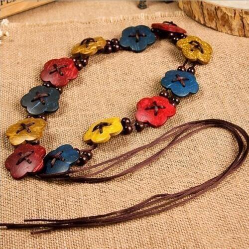 Bohemian Style Woman Beads Belts Vintage Handmade Knitted Wax Rope Wood Flower Long Chain Belt Shell Decoratation