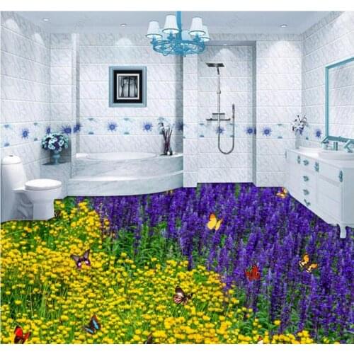 Custom photo 3d Self-adhesive vinyl floor wall paper sticker Beautiful lavender flowers bedroom Vinyl home decor in living room