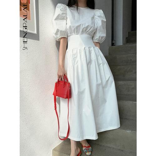 SHENGPALLAE Korean Chic Style Elegant Womens Dress O Neck Puff Short Sleeve High Waist Tunic Midi Dresses 2021 New Summer ZA384