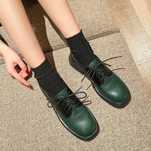 Green Cross-tied oxford shoes women retro square toe thick heels brogue small leather shoes woman flats plus size 34-43 loafers