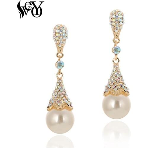 VEYO Arificial pearl Full Rhinestone Drop Earrings for Women Classic ZA AB White Color Dangle Earrings Vintage Jewelry