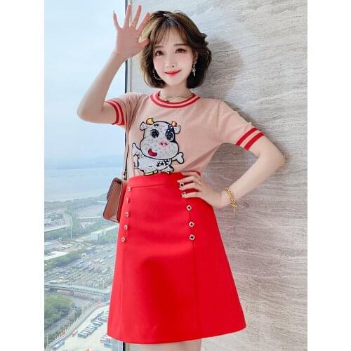 Top Quality Cartoon pin drill round neck knittingTshirt+double-breasted A-Line New summer style skirt suit