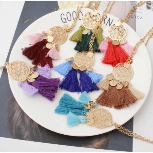 Tassel Jewelry Sweater Pendant Round Women Alloy Hollow Chain Necklace Boho Long