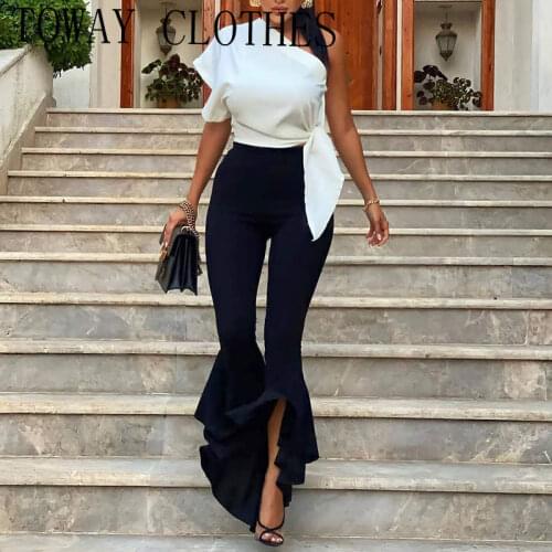 One Shoulder Short Sleeve Tied Detail Top & Ruffles Slit Bootcut Pants Set Two Piece Suit Sets Summer Women Casual 2PC Set