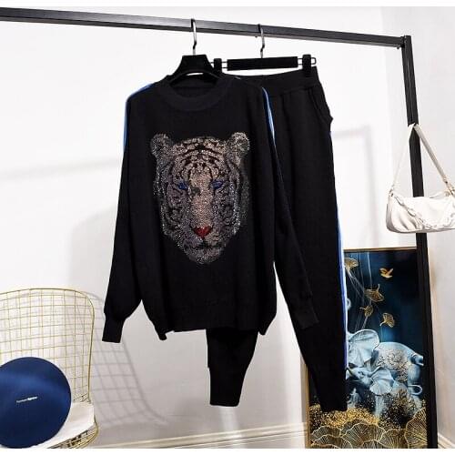 Knitted Tracksuit Outfits Women Diamond Tiger Cartoons Pullover Sweater Pencil Pants Suit Loose Casual Knit 2 Piece Set Female